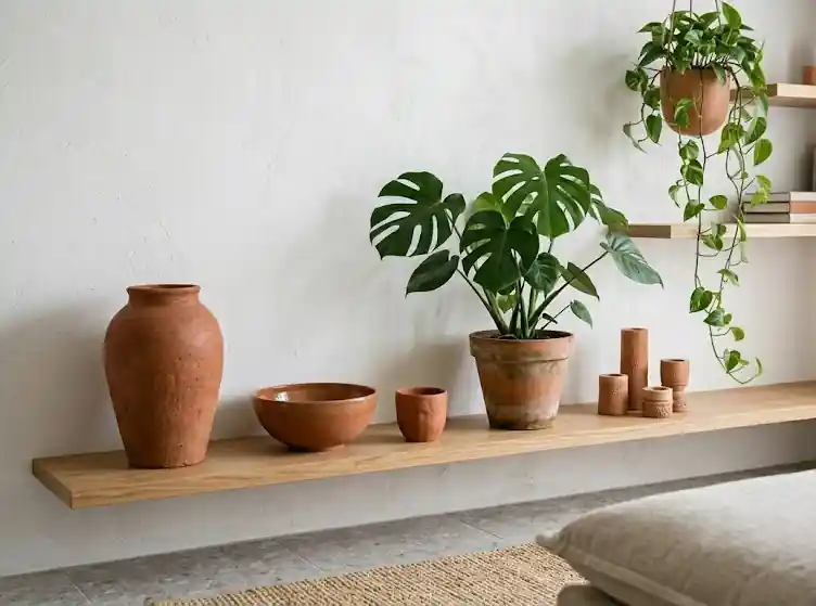 accessoires terracotta sur étagère avec plante verte
