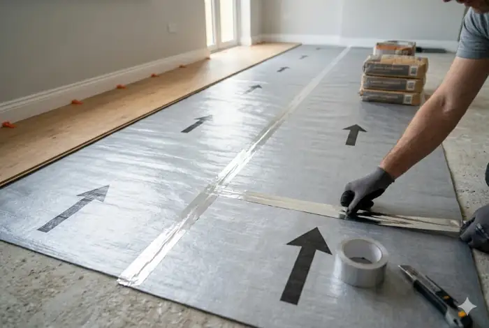 sous-couche déroulée avec joints scotchés, sens de pose indiqué par flèche