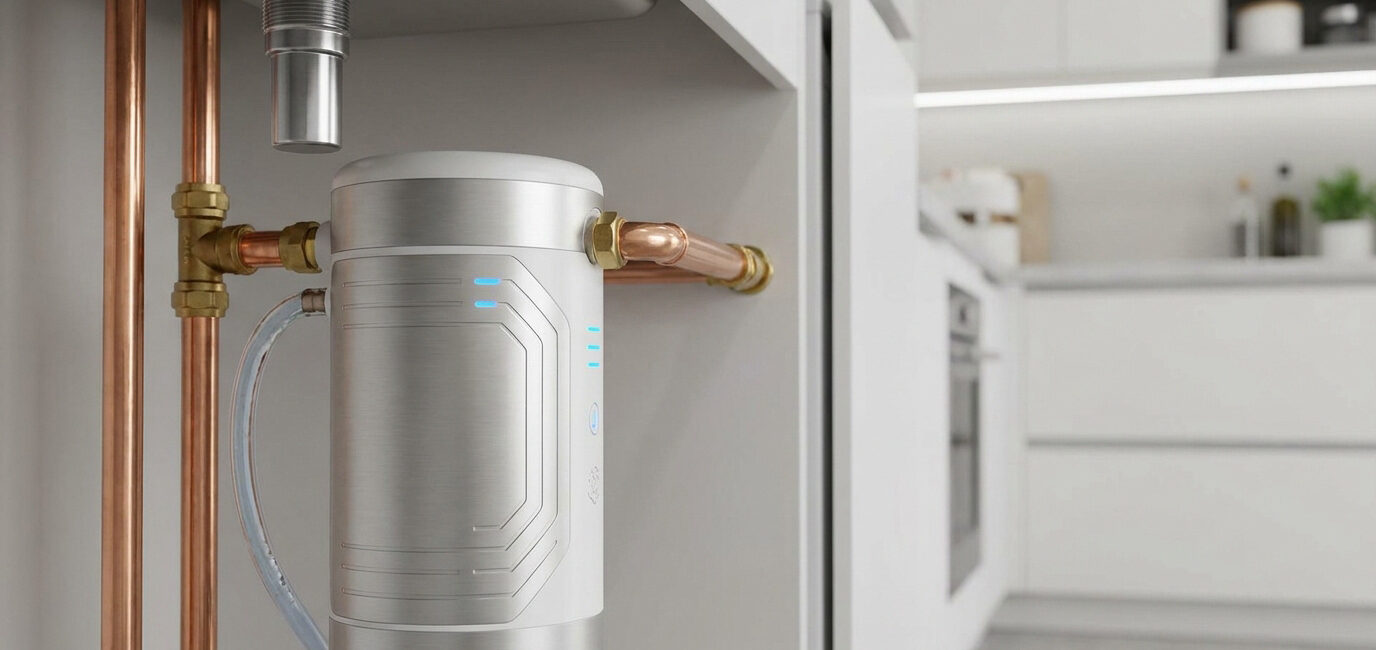 Adoucisseur d'eau compact en acier brossé installé sous un évier de cuisine avec des raccordements en cuivre.