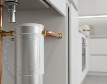 Adoucisseur d'eau compact en acier brossé installé sous un évier de cuisine avec des raccordements en cuivre.