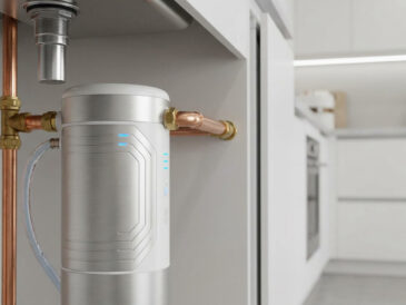 Adoucisseur d'eau compact en acier brossé installé sous un évier de cuisine avec des raccordements en cuivre.