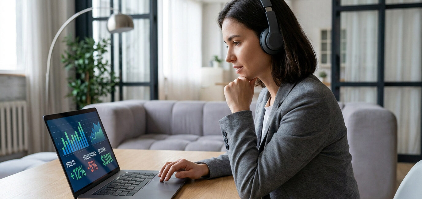 Femme en télétravail analysant des graphiques de rentabilité financière sur son ordinateur portable.