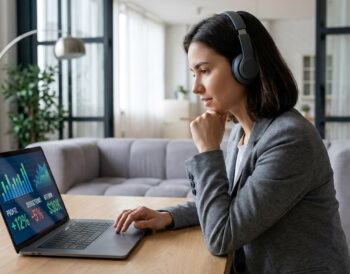 Femme en télétravail analysant des graphiques de rentabilité financière sur son ordinateur portable.