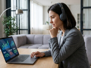 Femme en télétravail analysant des graphiques de rentabilité financière sur son ordinateur portable.