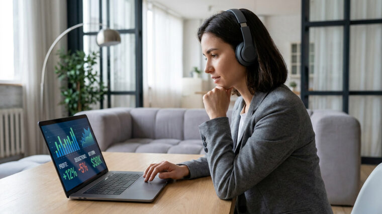 Femme en télétravail analysant des graphiques de rentabilité financière sur son ordinateur portable.