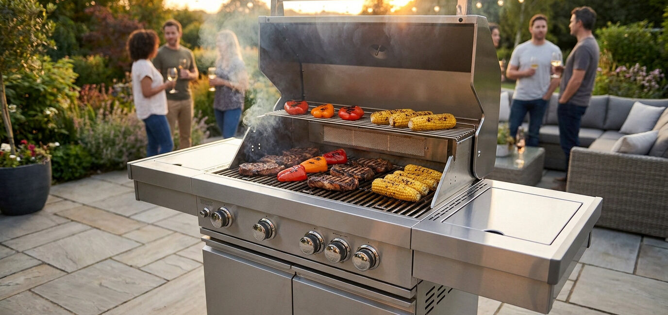 Barbecue à gaz en inox avec viandes et légumes grillés, en arrière-plan des amis discutent sur une terrasse ensoleillée.