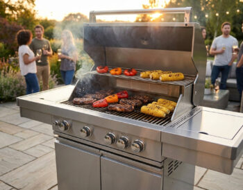 Barbecue à gaz en inox avec viandes et légumes grillés, en arrière-plan des amis discutent sur une terrasse ensoleillée.