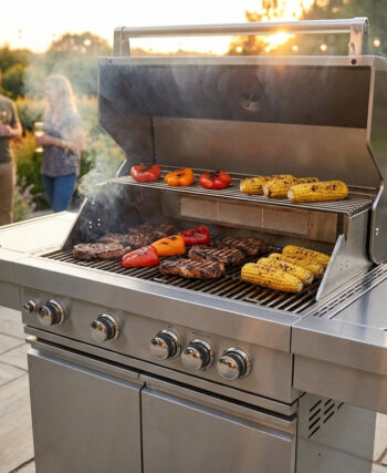 Barbecue à gaz en inox avec viandes et légumes grillés, en arrière-plan des amis discutent sur une terrasse ensoleillée.