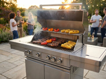 Barbecue à gaz en inox avec viandes et légumes grillés, en arrière-plan des amis discutent sur une terrasse ensoleillée.