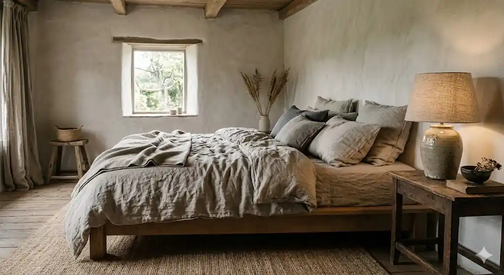 chambre wabi-sabi avec linge de lit en lin froissé et lampe en céramique