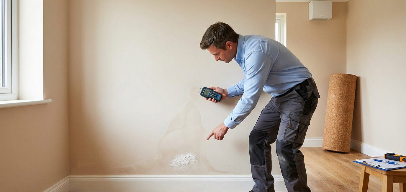 Un professionnel utilise un humidimètre pour analyser une tache d'humidité sur un mur beige dans une pièce vide.