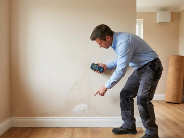 Un professionnel utilise un humidimètre pour analyser une tache d'humidité sur un mur beige dans une pièce vide.