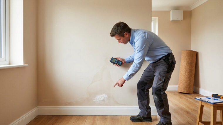 Un professionnel utilise un humidimètre pour analyser une tache d'humidité sur un mur beige dans une pièce vide.