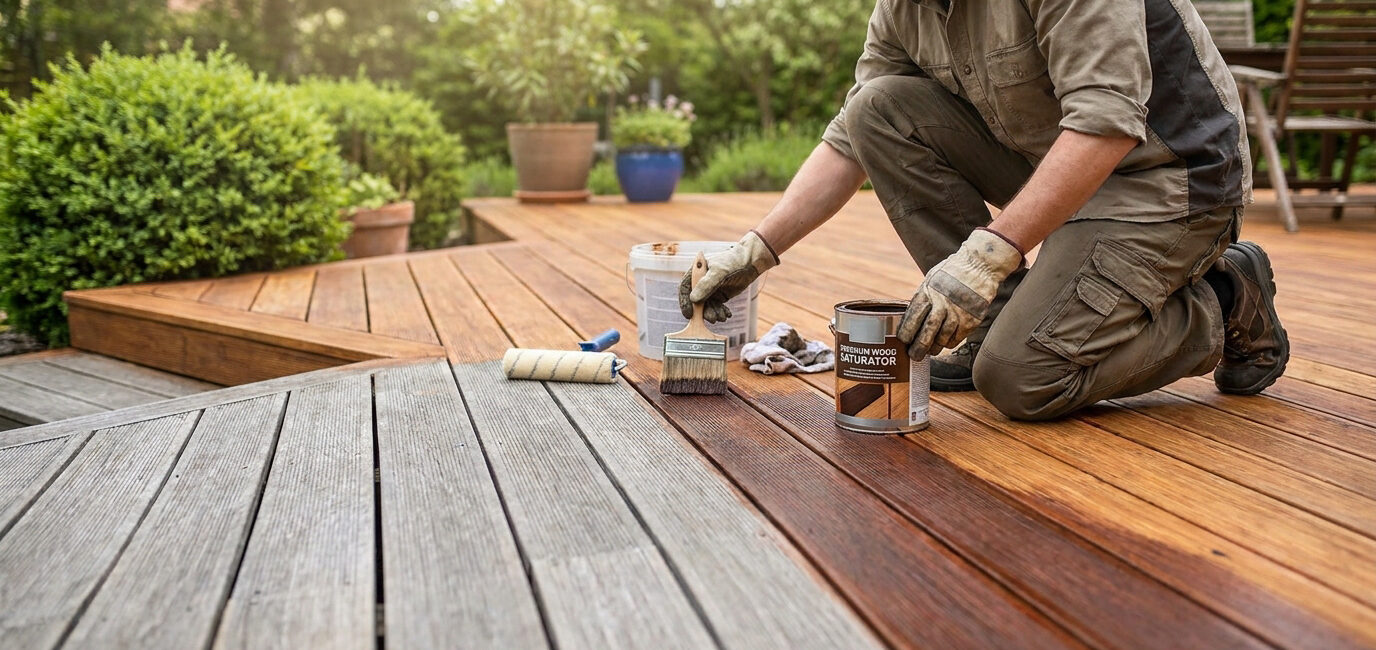 Un homme applique du saturateur sur une terrasse en bois vieillie à l'aide d'un pinceau pour restaurer sa couleur.