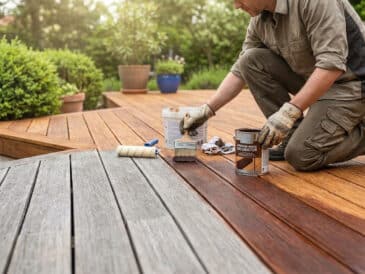 Un homme applique du saturateur sur une terrasse en bois vieillie à l'aide d'un pinceau pour restaurer sa couleur.