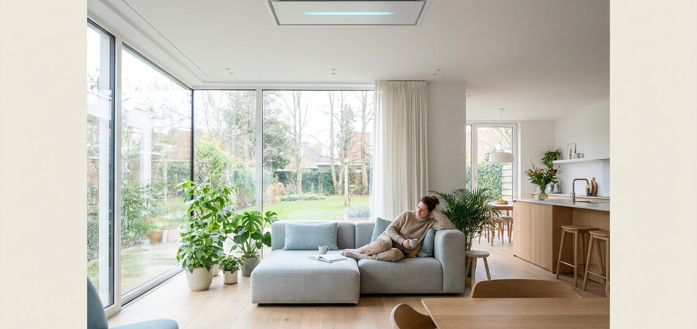 Une femme se détend sur un canapé dans un salon lumineux, avec un bloc de ventilation intégré au plafond.