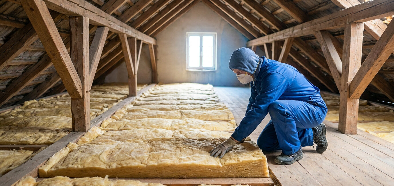 Un artisan en bleu de travail installe de la laine de verre dans des combles aménageables avec une fenêtre au fond.