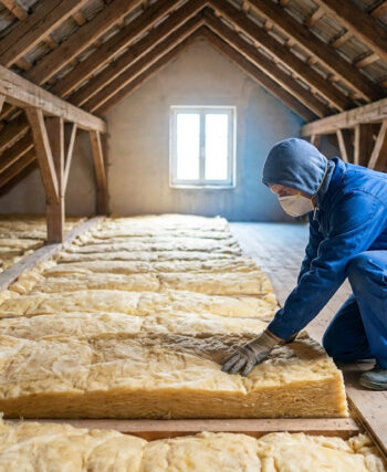 Un artisan en bleu de travail installe de la laine de verre dans des combles aménageables avec une fenêtre au fond.
