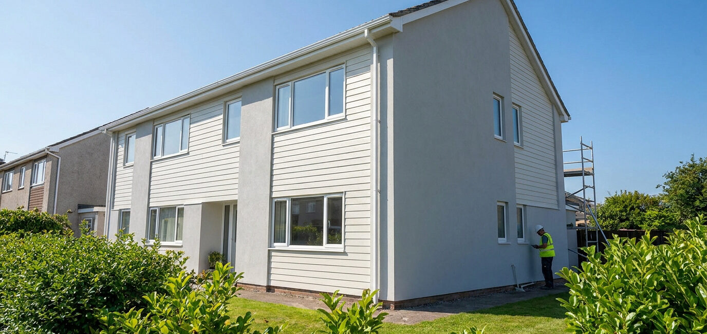 Ouvrier inspectant la façade rénovée d'une maison moderne à deux étages par une journée ensoleillée.