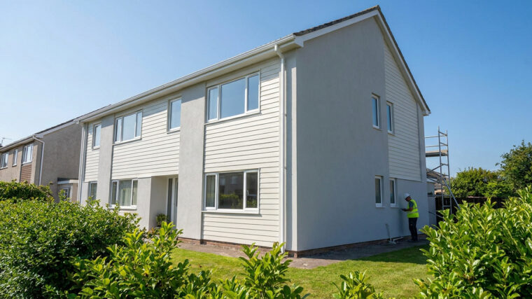 Ouvrier inspectant la façade rénovée d'une maison moderne à deux étages par une journée ensoleillée.