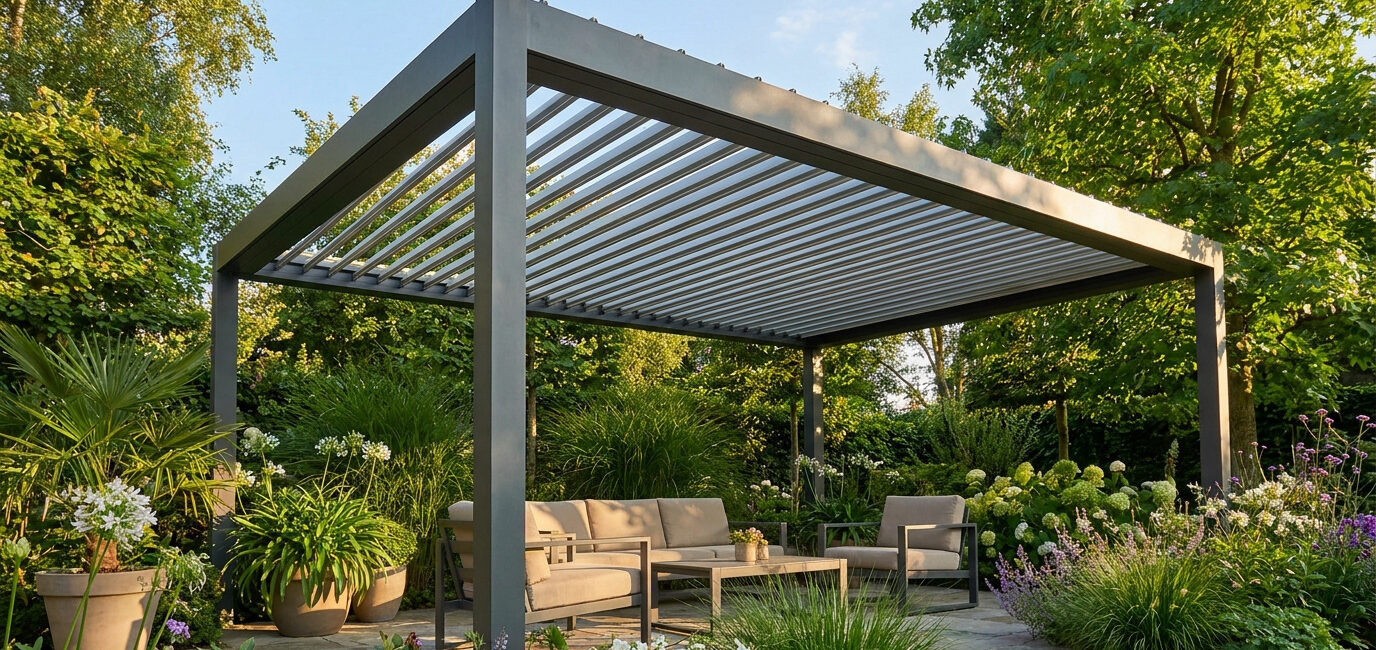Une pergola bioclimatique en aluminium gris installée sur une terrasse entourée de plantes luxuriantes et d'un salon de jardin.
