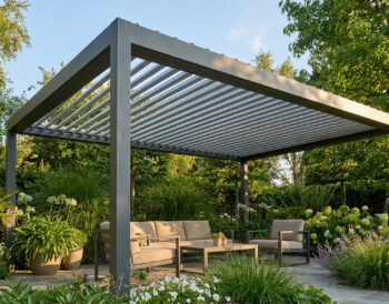 Une pergola bioclimatique en aluminium gris installée sur une terrasse entourée de plantes luxuriantes et d'un salon de jardin.