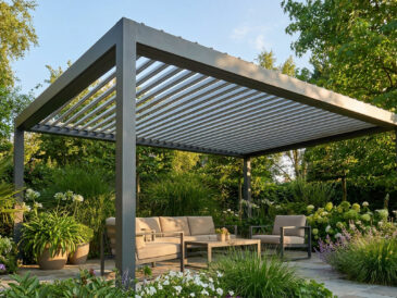Une pergola bioclimatique en aluminium gris installée sur une terrasse entourée de plantes luxuriantes et d'un salon de jardin.