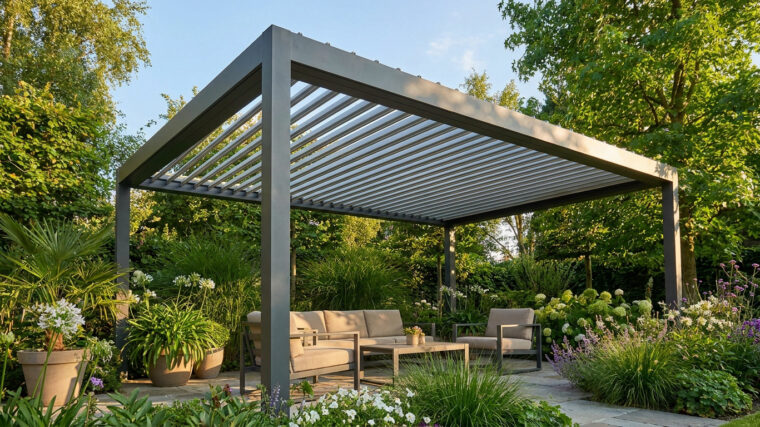 Une pergola bioclimatique en aluminium gris installée sur une terrasse entourée de plantes luxuriantes et d'un salon de jardin.