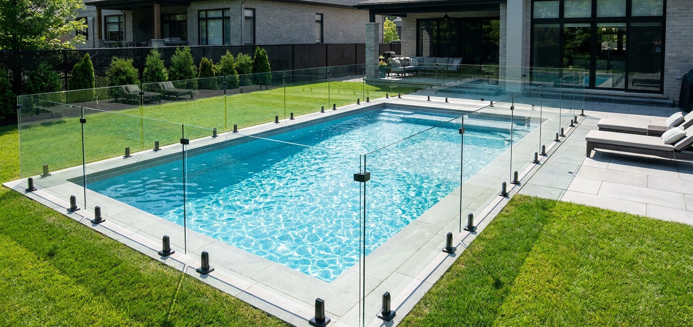 Clôture de piscine en verre trempé minimaliste entourant une piscine creusée dans un jardin résidentiel moderne.