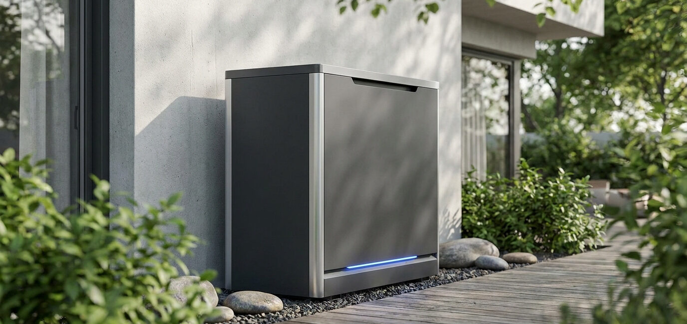 Une unité extérieure de pompe à chaleur Mitsubishi moderne installée sur une terrasse en bois près d'une maison.