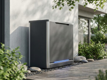 Une unité extérieure de pompe à chaleur Mitsubishi moderne installée sur une terrasse en bois près d'une maison.