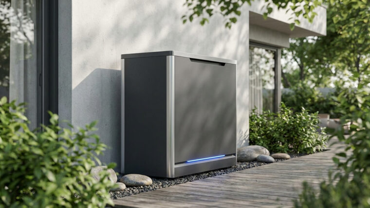 Une unité extérieure de pompe à chaleur Mitsubishi moderne installée sur une terrasse en bois près d'une maison.