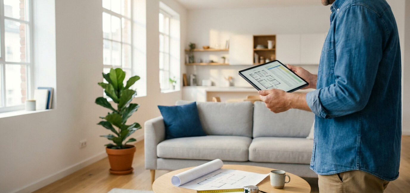 Homme souriant consultant un plan de rénovation sur une tablette numérique dans un salon lumineux.