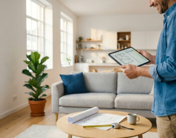 Homme souriant consultant un plan de rénovation sur une tablette numérique dans un salon lumineux.