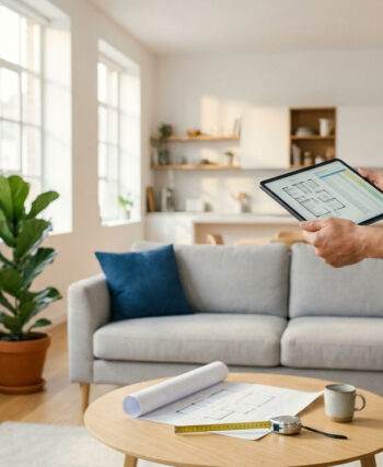Homme souriant consultant un plan de rénovation sur une tablette numérique dans un salon lumineux.