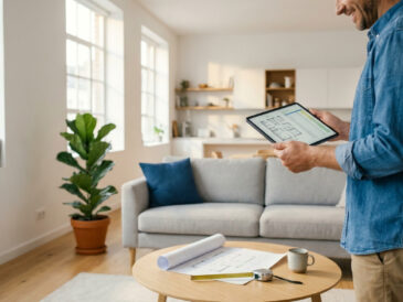 Homme souriant consultant un plan de rénovation sur une tablette numérique dans un salon lumineux.