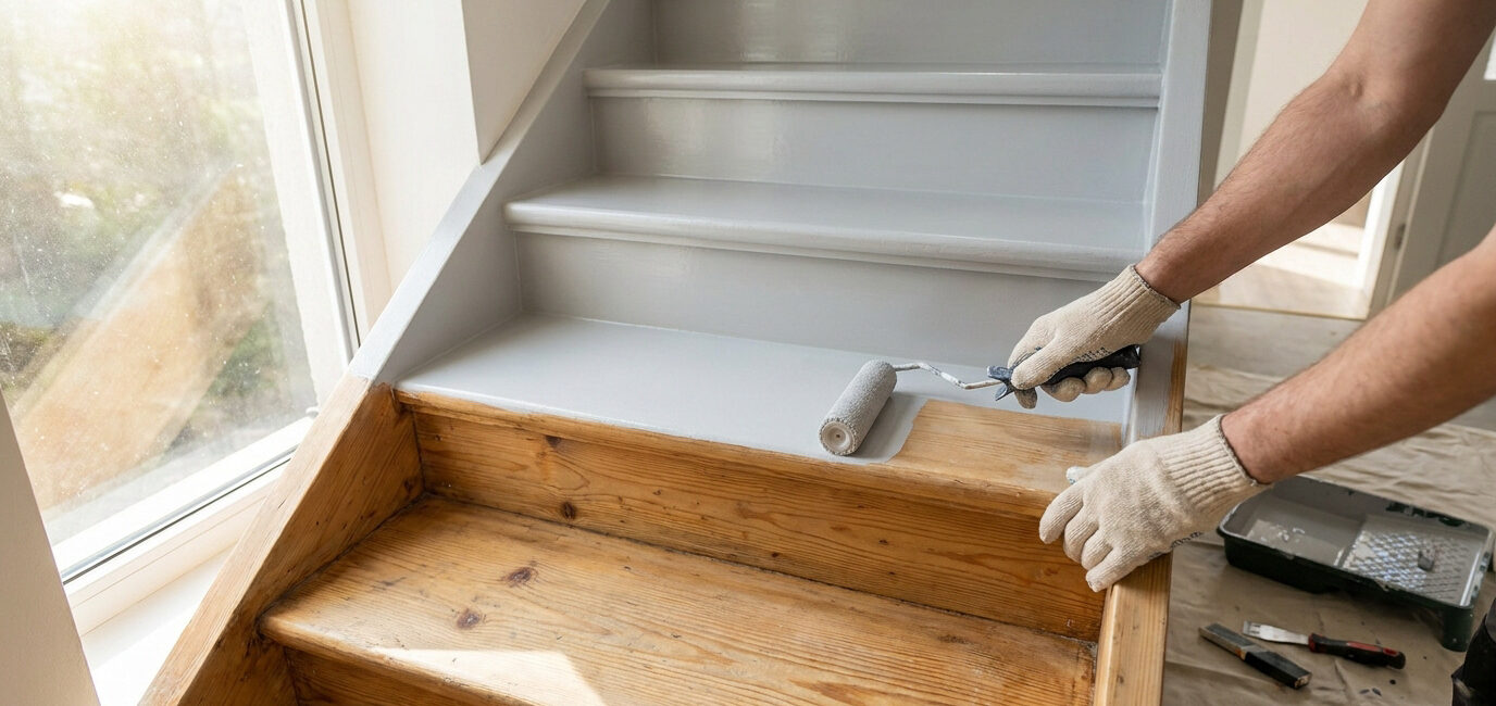 Une personne peint une marche d'escalier en bois avec un rouleau gris clair.