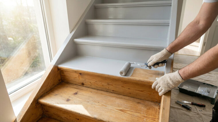 Une personne peint une marche d'escalier en bois avec un rouleau gris clair.