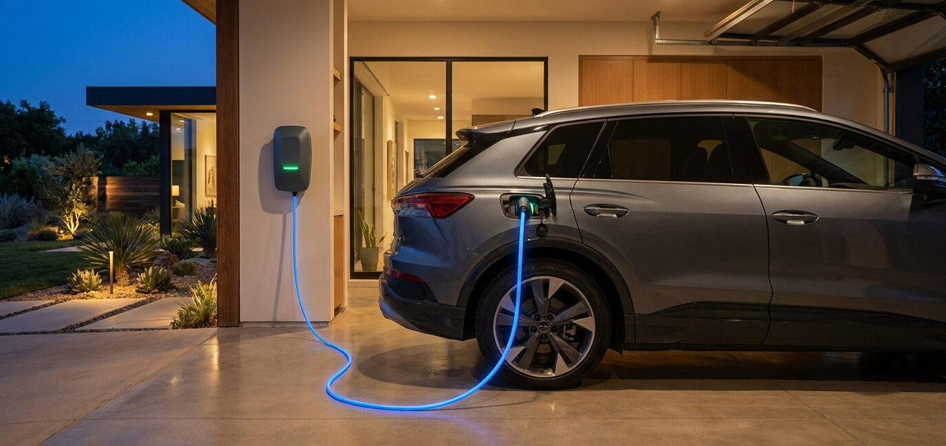 Une voiture électrique grise en train de charger avec un câble bleu lumineux dans un garage moderne le soir.