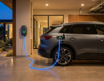 Une voiture électrique grise en train de charger avec un câble bleu lumineux dans un garage moderne le soir.