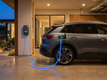 Une voiture électrique grise en train de charger avec un câble bleu lumineux dans un garage moderne le soir.