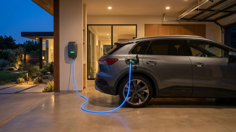 Une voiture électrique grise en train de charger avec un câble bleu lumineux dans un garage moderne le soir.
