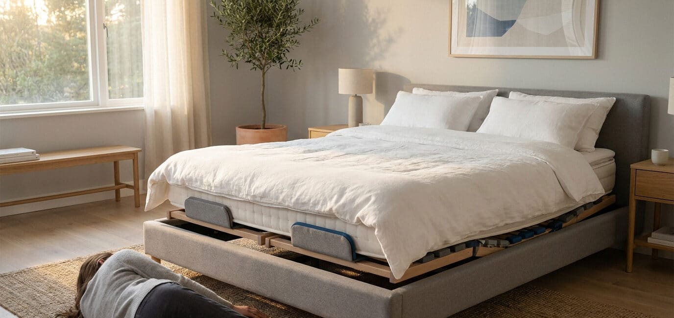 Une personne allongée près d'un sommier ergonomique dans une chambre lumineuse et moderne.