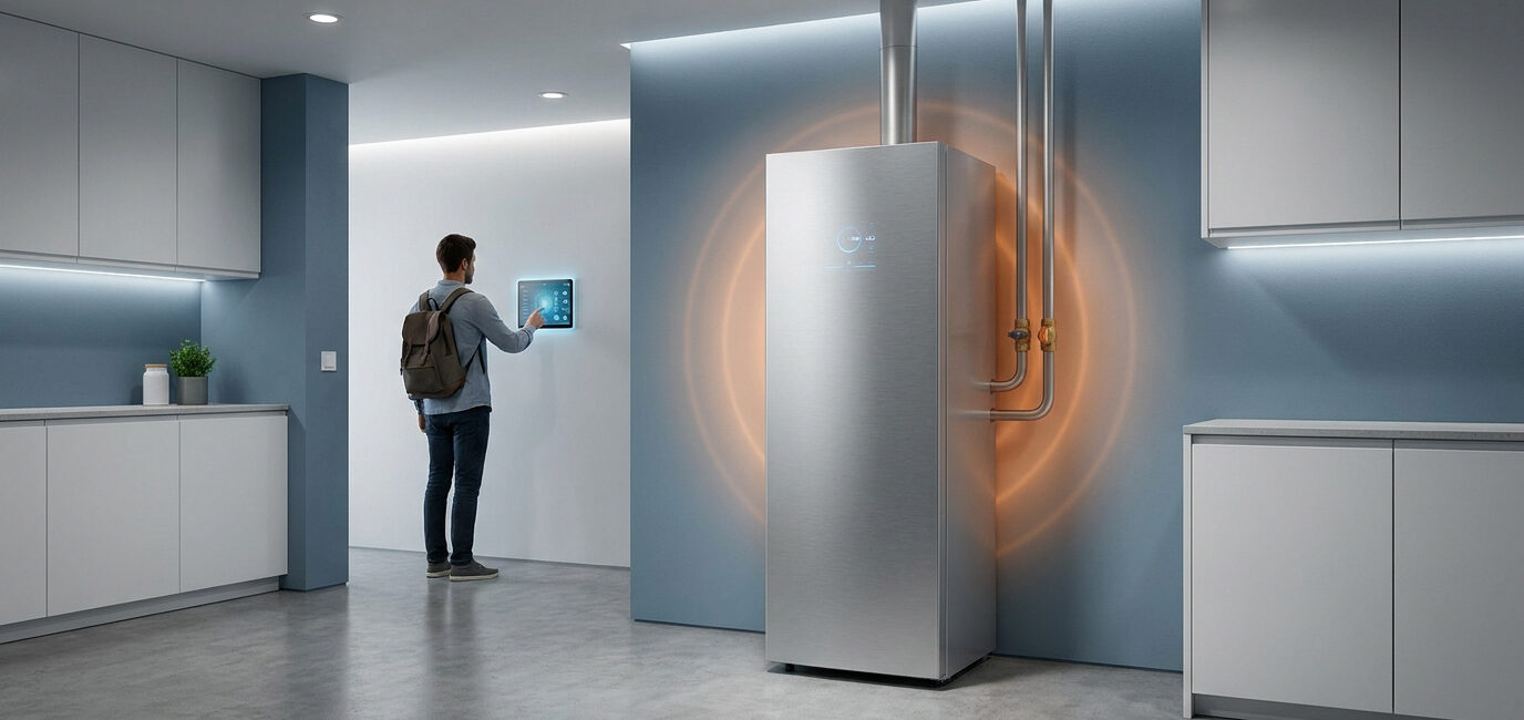 Un homme ajuste un chauffe-eau thermodynamique moderne via une interface tactile murale dans une cuisine design.