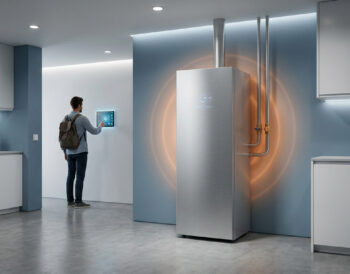 Un homme ajuste un chauffe-eau thermodynamique moderne via une interface tactile murale dans une cuisine design.
