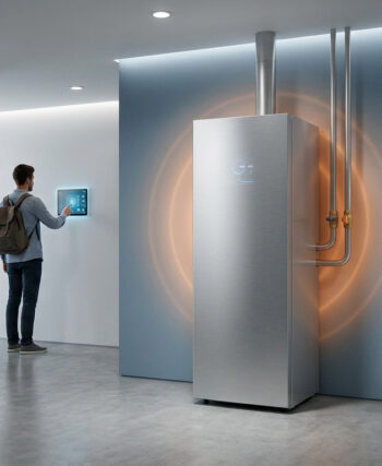 Un homme ajuste un chauffe-eau thermodynamique moderne via une interface tactile murale dans une cuisine design.