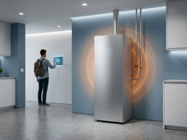 Un homme ajuste un chauffe-eau thermodynamique moderne via une interface tactile murale dans une cuisine design.