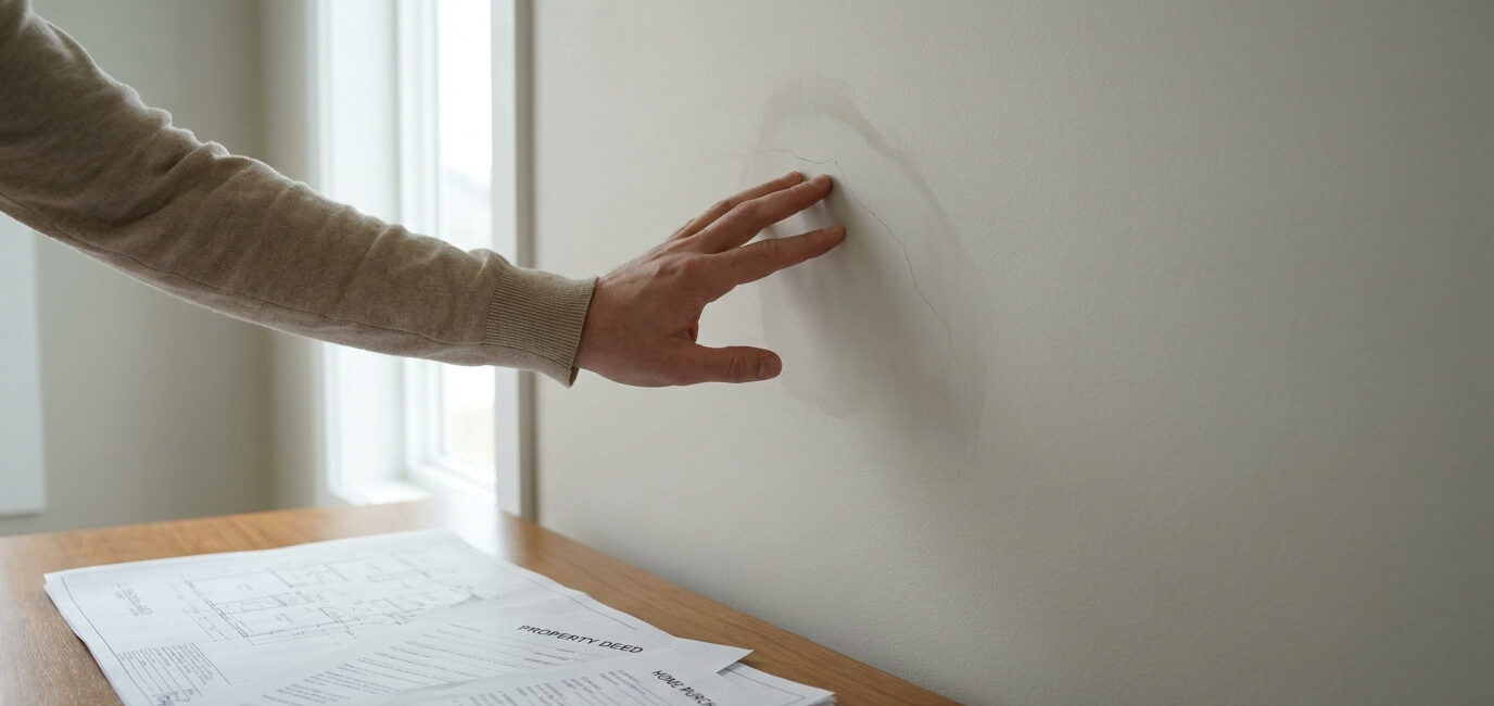 Une main touche une fissure sur un mur près de documents immobiliers.