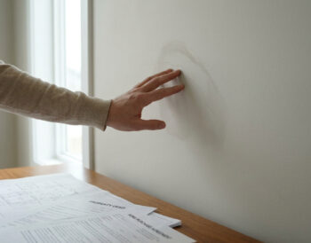 Une main touche une fissure sur un mur près de documents immobiliers.