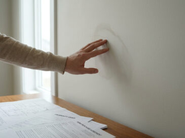 Une main touche une fissure sur un mur près de documents immobiliers.